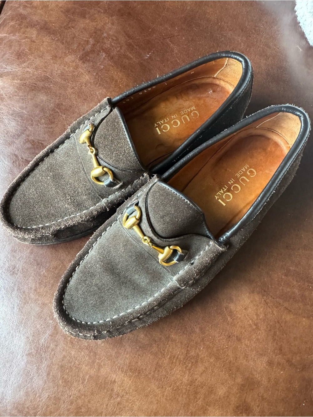 Vtg GUCCI 🌟 RARE WOMEN BROWN GENEGUM LOAFERS GOLDEN BITS SIZE 5 B Suede